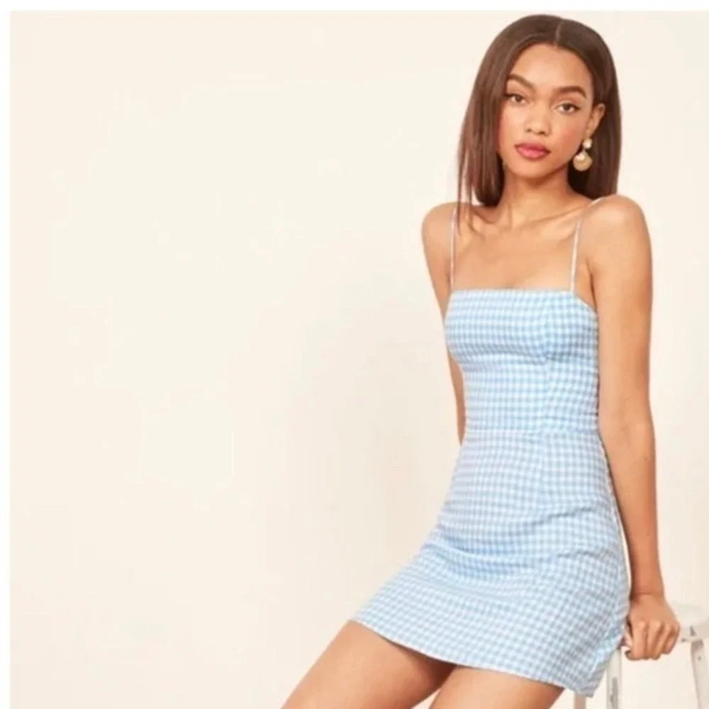 Reformation Preston Gingham Dress Baby Blue Spaghetti Strap Mini Size 0‎